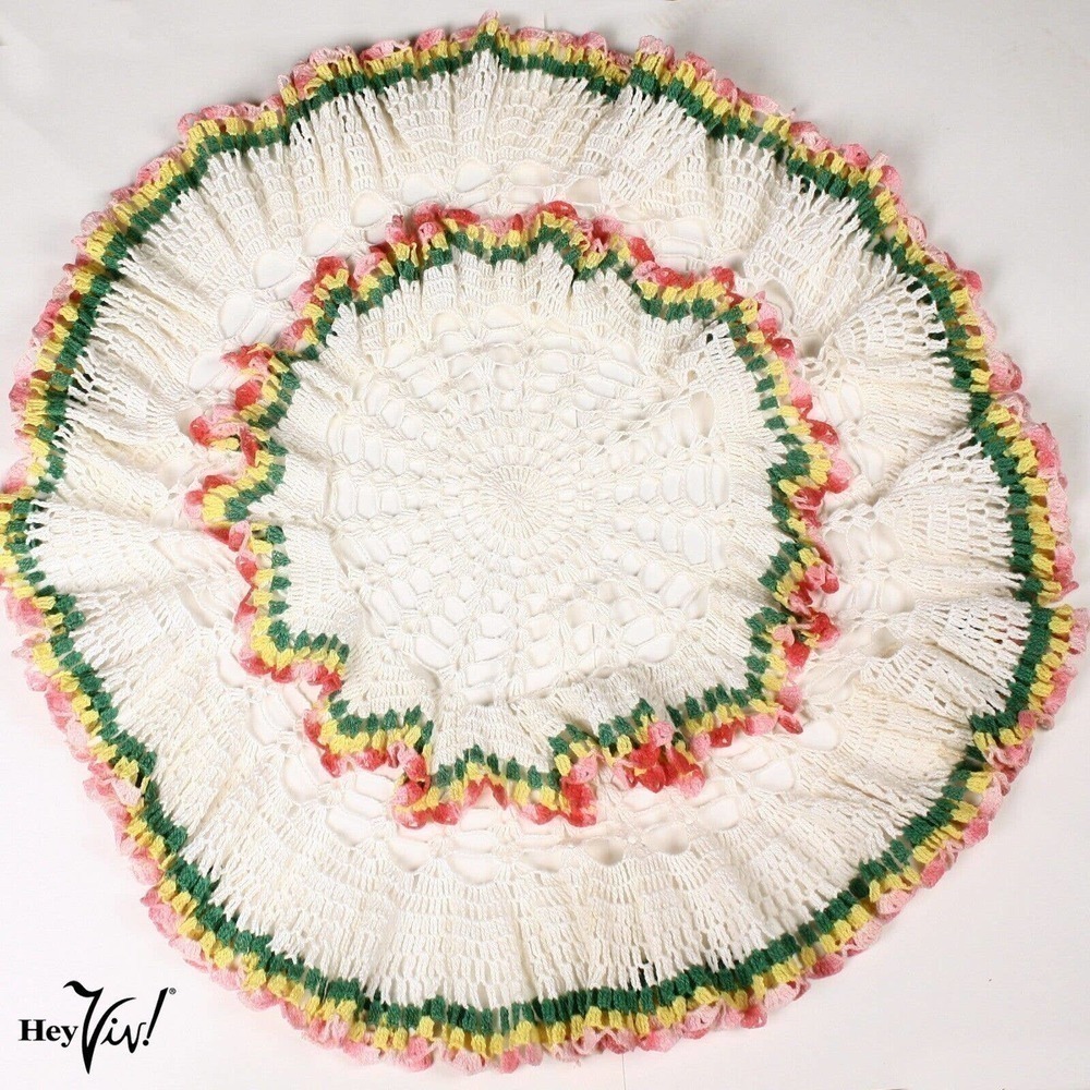 Vintage Cotton Crochet Table Cloth Topper Hand Made Ruffle Rainbow Edge -Hey Viv